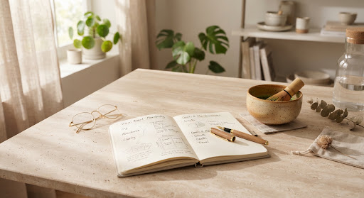 A warm journaling desk prepared for a calm manifestation practice