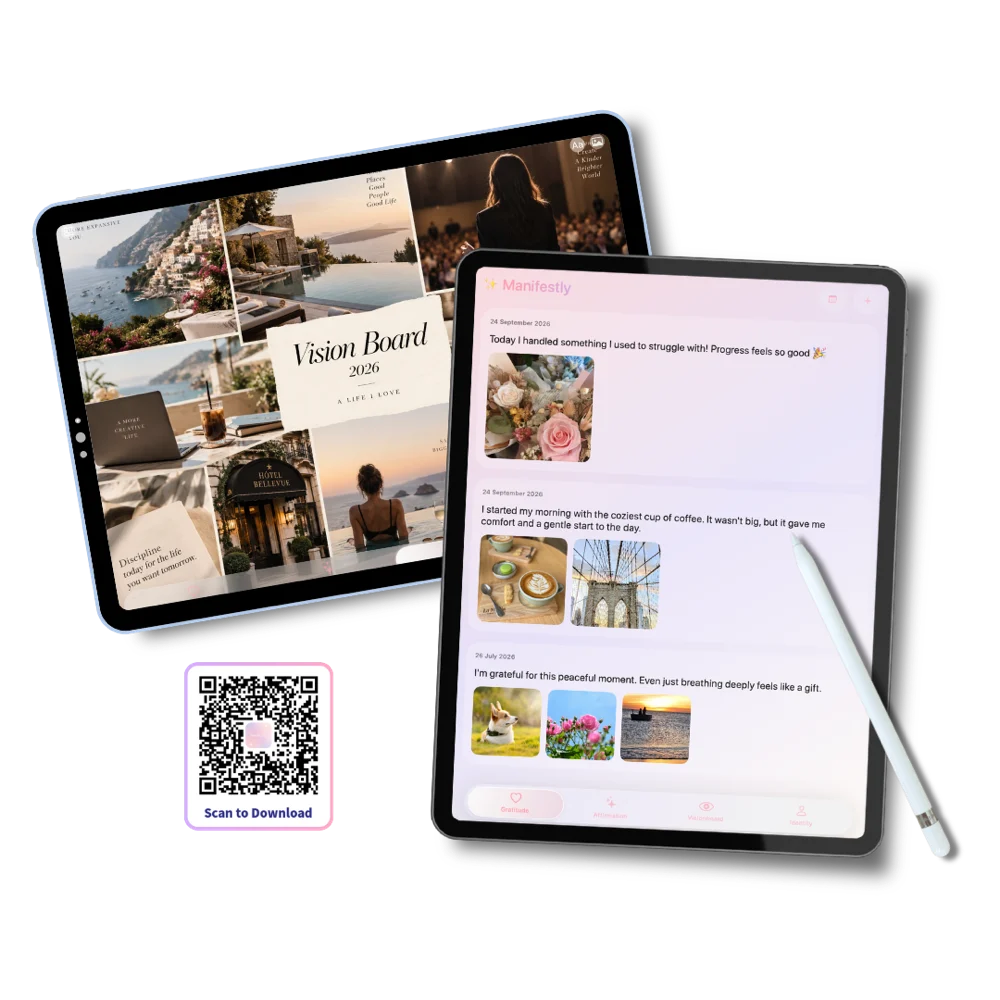 Manifestly running on two iPads, showing a vision board and the gratitude journal