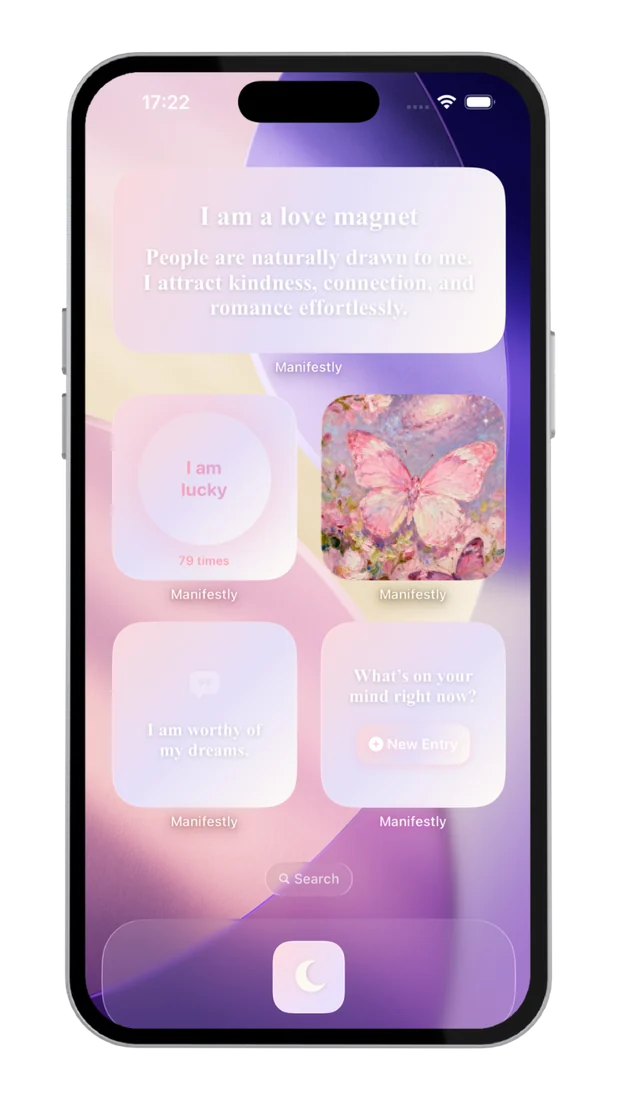 iPhone Home Screen with Manifestly widgets, including an affirmation counter showing I am lucky 79 times