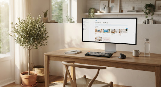 A calm sunlit writing studio for a manifestation scripting practice