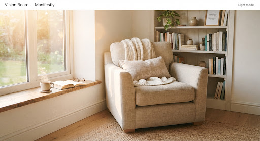 A cozy sunlit reading nook with a linen armchair and warm tea