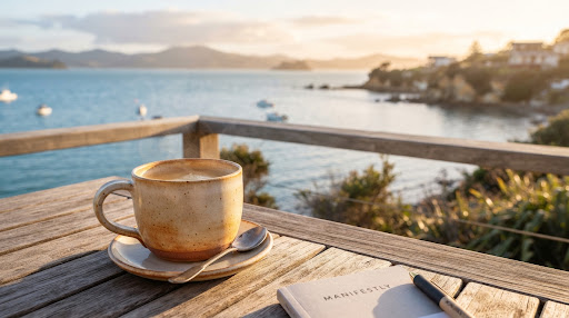 A ceramic cup on a cedar table overlooking calm morning water